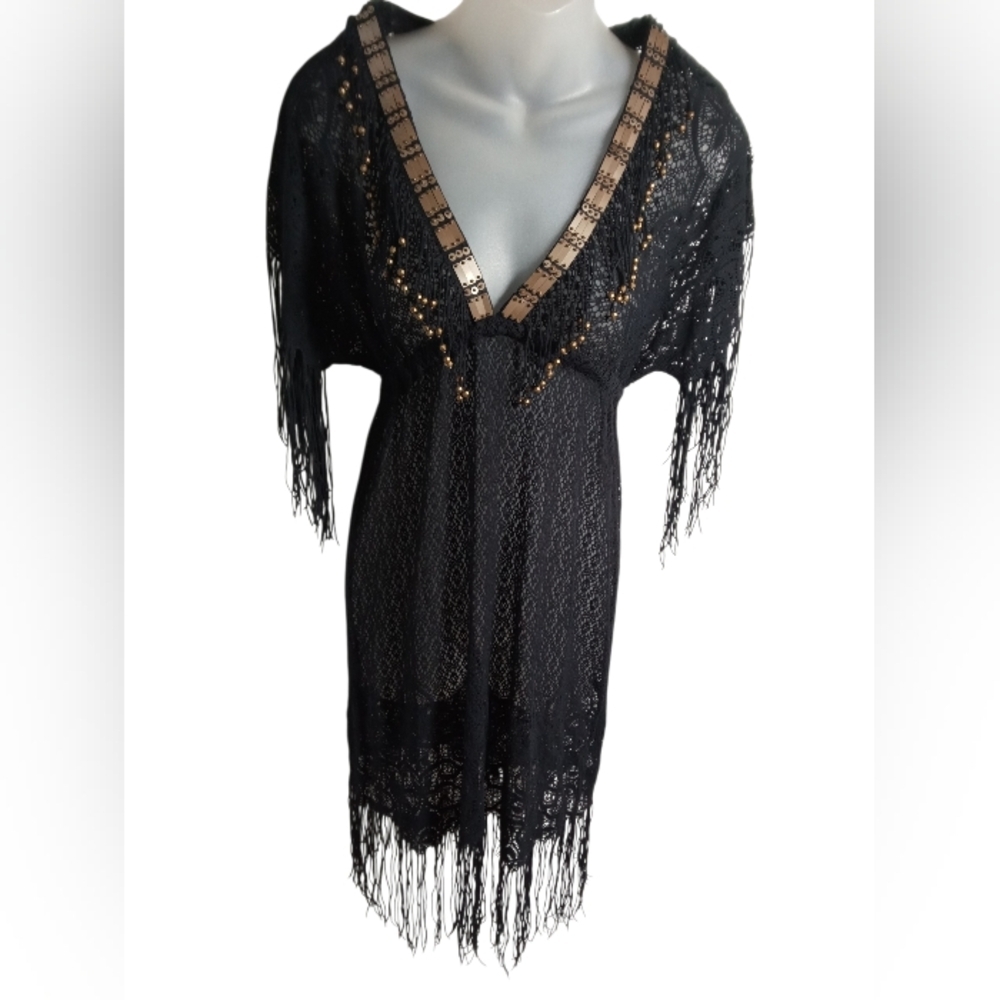 Despi Black Lace Fringe Swim Cover Up Sheer V Neck Resort Boho Beach SZ SP - Picture 2 of 5